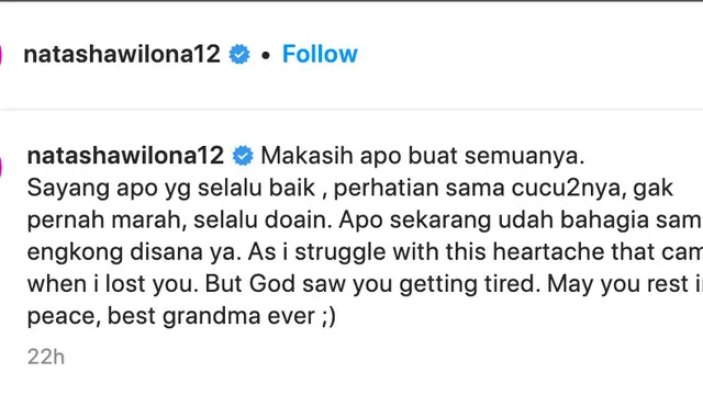Unggahan Natasha Wilona. (Foto: Dok. Instagram @natashawilona12)