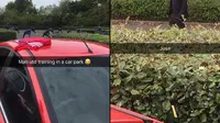 Manajer Manchester United, Jose Mourinho (foto kanan) berjalan ke arah anak asuhnya yang sedang melakukan pemanasan di lokasi parkir hotel tempat skuat Setan Merah menginap selama di kota Northampton, awal pekan lalu.  (independent.co.uk)