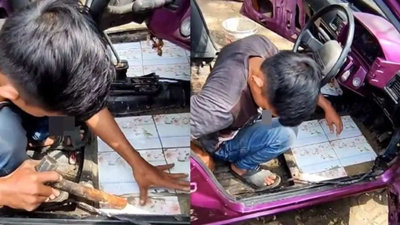 Pria pasang keramik di mobil