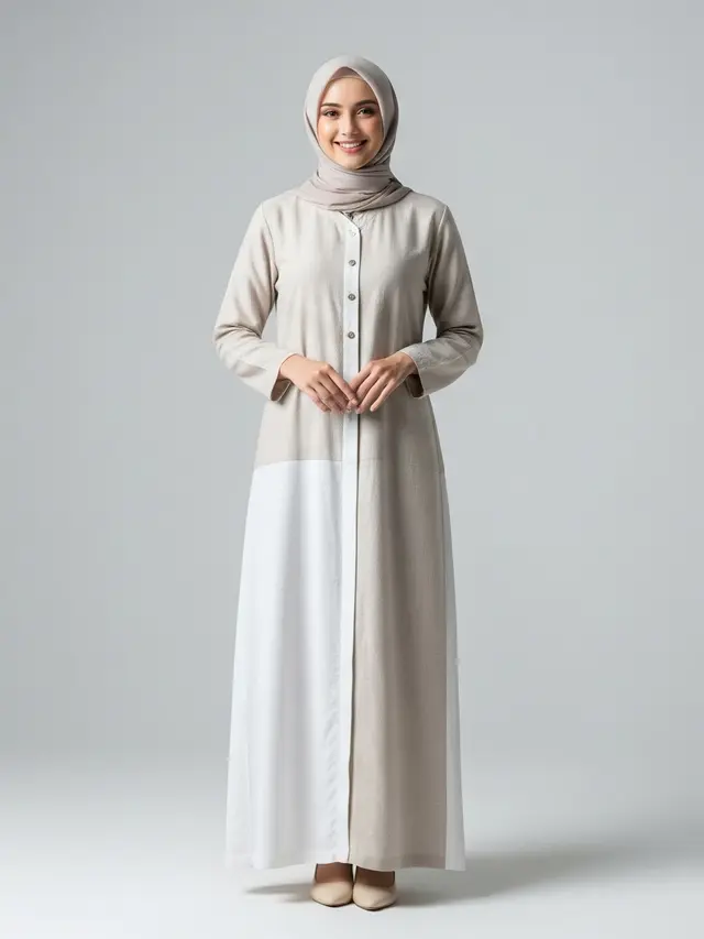 Model Gamis Beige & Putih Minimalis untuk Ramadan 2026 Desain Lurus Linen dan Detail Kancing