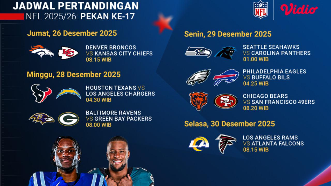 Jadwal Pertandingan NFL 2025/26 Pekan Ke-17, Tayang di Vidio