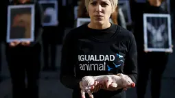 Seorang akivitis dari Igualdad Animal mebawa anak Babi saat melakukan aksi protes di di Madrid, Spanyol (10/12). Mereka memprotes anggapan hewan sebagai properti atau peliharaan saja yang bernilai lebih rendah dari manusia. (Reuters/Javier Barbancho)