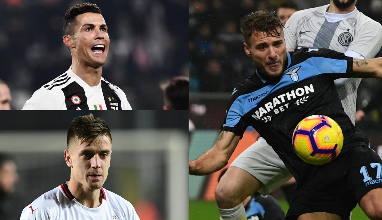 Penyerang anyar AC Milan, Krzysztof Piatek terus konsisten mencetak gol sejak kedatangan pemain 23 tahun tersebut ke San Siro. Tambahan dua gol ke gawang Atalanta membuanya menempel Cristiano Ronaldo di puncak. (Kolase Foto AFP)