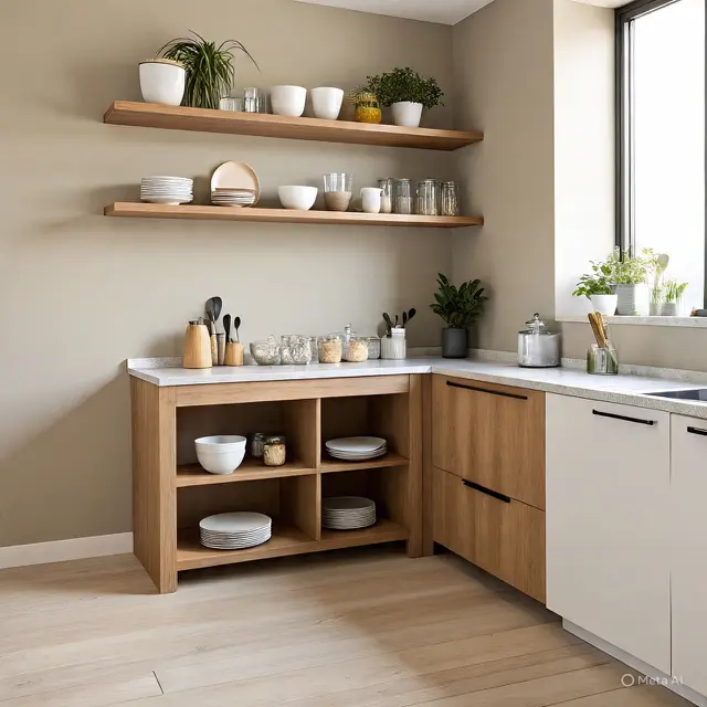 Dapur Minimalis Skandinavia dengan Rak Terbuka