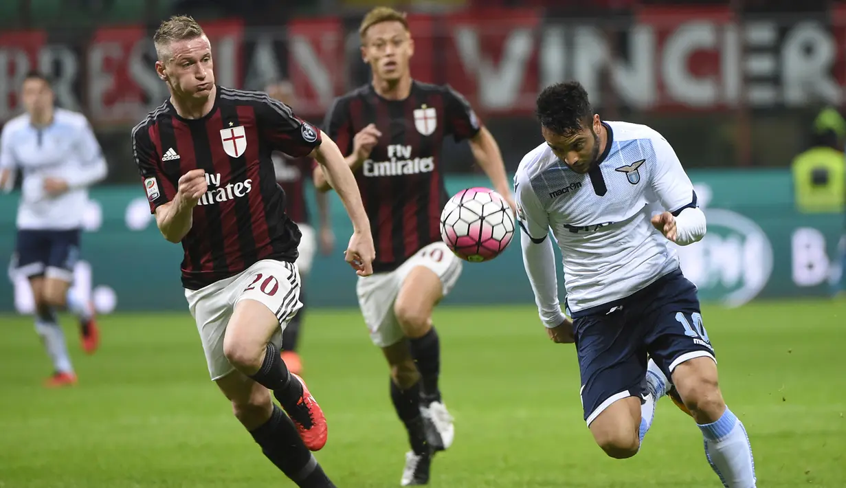 Gelandang Lazio, Felipe Anderson (kanan) berusaha mengejar bola dari kawalan bek AC Milan, Ignazio Abate pada Liga Serie A Italia di Stadion San Siro (21/3). AC Milan bermain imbang dengan Lazio dengan skor 1-1. (AFP/Olivier Morin)