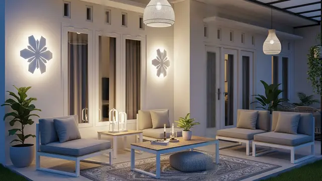 Desain Teras Rumah Sederhana yang Membuat Rumah Terasa Lebih Rapi dan Fungsional  Model Area Duduk Nyaman dan Pencahayaan Hangat