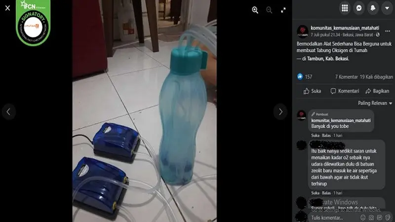 Gambar Tangkapan Layar Klaim tentang Aerator Akuarium Bisa Dipakai Jadi Alat Oksigen Bagi Penderita Sesak Napas (sumber: Facebook).