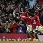 Pemain Manchester United, Amad Diallo, merayakan gol yang ia cetak ke gawang Liverpool pada perempat final Piala FA 2023/2024 di Old Trafford, Minggu (17/3/2024) waktu setempat.&nbsp;(AP Photo/Dave Thompson)
