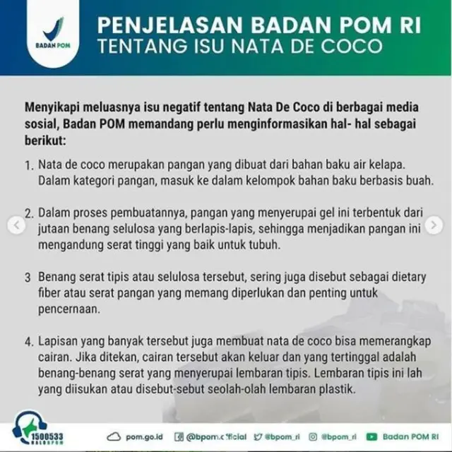Penjelasan BPOM RI tentang isu nata de coco mengandung plastik.