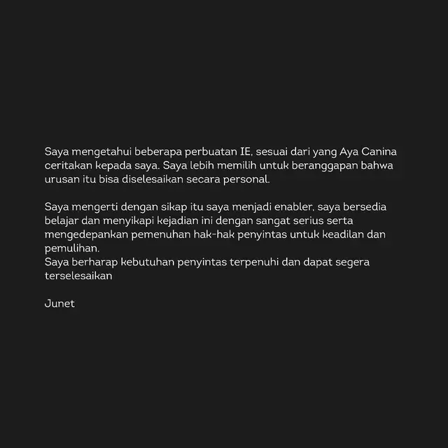 Pernyataan sikap Junet soal kekerasan yang dialami Aya Canina. (Foto: Dok. Instagram @musikamigdala)