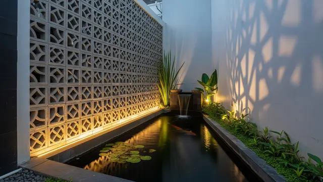 Kolam Sudut dengan Dinding Roster dan Pencahayaan Tersembunyi