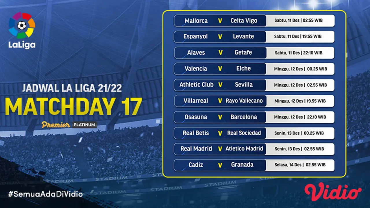 Live Streaming Liga Spanyol 2021/2022 Matchday 17 di Vidio Pekan Ini