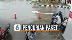 CCTV SPBU memperlihatkan detik-detik aksi pemotor mencuri karung berisi paket.