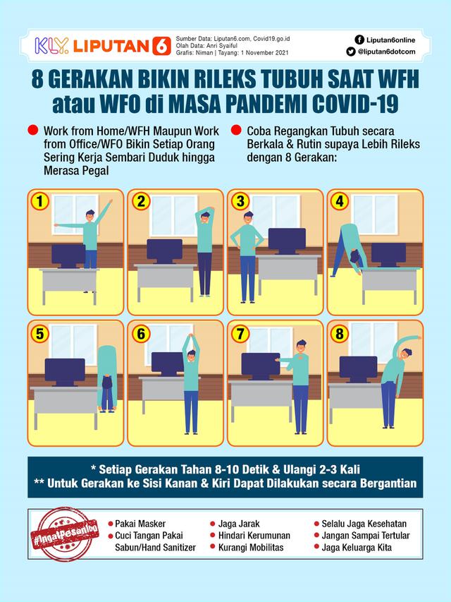 Infografis 8 Gerakan Bikin Rileks Tubuh Saat WFH atau WFO di Masa Pandemi Covid-19. (Liputan6.com/Niman)