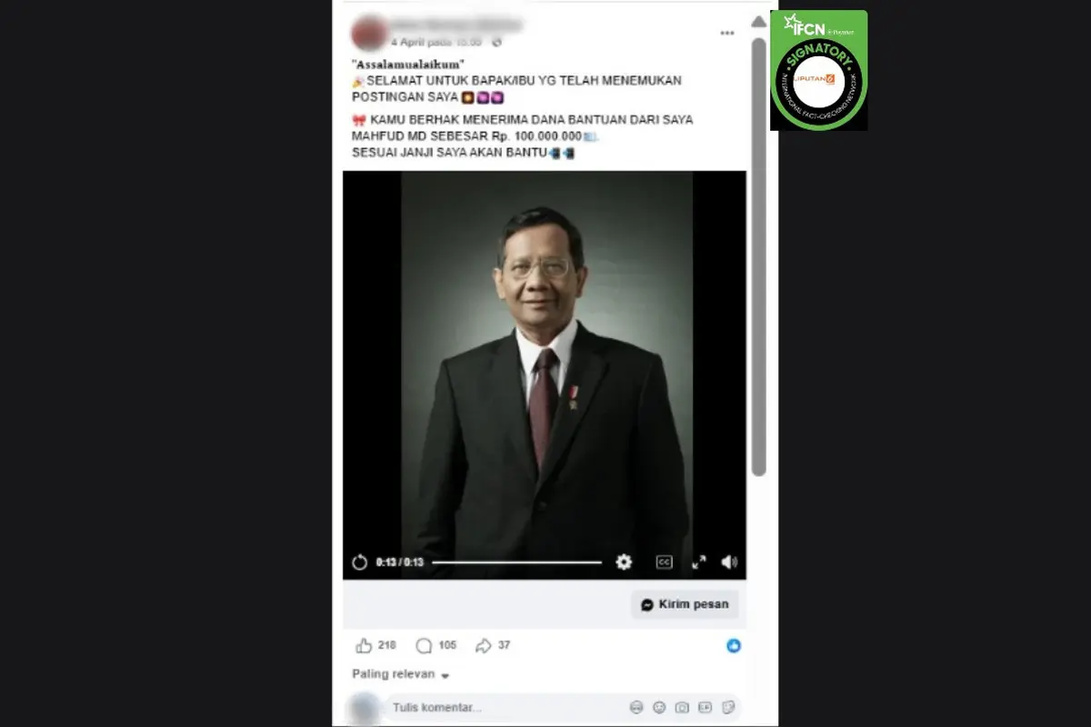 Cek Fakta Liputan6.com mendapati klaim video mantan Menko Polhukam Mahfud Md mengumumkan dana bantuan untuk modal usaha sebesar Rp 100 juta