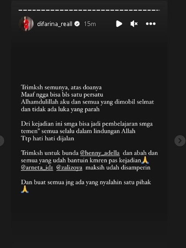 Penyanyi dangdut Difarina Indra terlibat kecelakaan di Tol Jombang - Mojokerto (Foto: instagram difarina_reall)