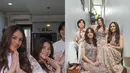 Wulan Guritno dan anak-anaknya juga kenakan dua set baju Lebaran. Saat Sholat Ied, mereka kenakan kemeja putih dengan detail lace bunga. Setelah itu berganti jadi atasan sleeveless dan rok panjang lace [@wulanguritno]