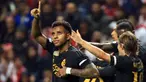 Pemain Real Madrid Rodrygo (kiri) melakukan selebrasi usai mencetak gol ke gawang SC Braga pada pertandingan sepak bola Grup C Liga Champions di Stadion Municipal, Braga, Portugal, Selasa (24/10/2023. (AP Photo/Luis Vieira)