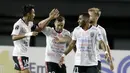 Para pemain Bhayangkara Fc merayakan gol yang dicetak oleh Fadil Sausu ke gawang Semen Padang pada laga kedua Piala Presiden 2019 yng berlangsung di Stadion Patriot, Jawa Barat, Senin (11/3). (Bola.com/M Iqbal Ichsan)