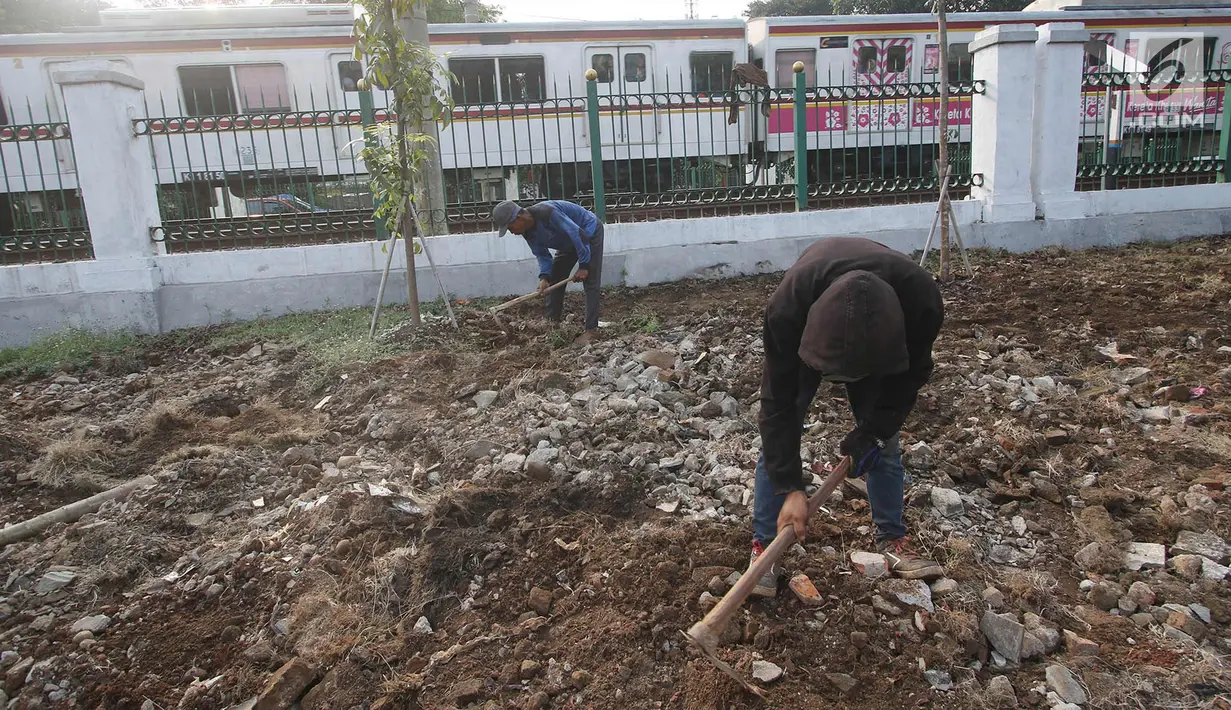Pekerja menyelesaikan pembuatan taman dan trotoar di sepanjang Jalan Raya Lenteng Agung Timur, Jakarta, Kamis (28/9). Pembuatan taman bertujuan untuk ruang terbuka hijau agar tidak disalahgunakan sebagai hunian liar. (Liputan6.com/Immanuel Antonius)