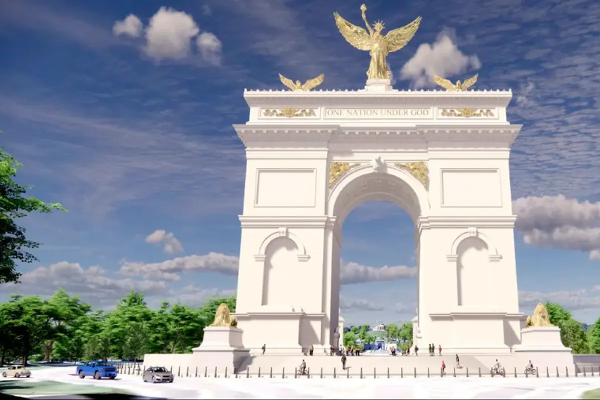 Presiden Amerika Serikat Donald Trump memamerkan desain dari Gapura Kemenangan di Washington D.C. Ia klaim jadi yang paling indah sedunia. (Dok. U.S. Commission of Fine Arts)