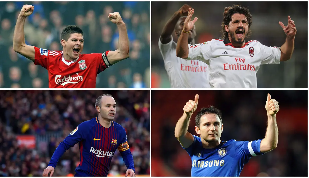 Berikut ini pemain bernomor punggung 8 paling legendaris sepanjang masa. Diantaranya, Steven Gerard, Frank Lampard dan Andres Iniesta. (Foto Kolase AFP)
