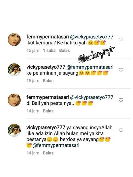 "Ketika kontroversi hati sedang membutuhkan butir-butir mutiara kehidupan, maka munculah kudeta setting menyeting," tulis lambenyinyir dengan mengunggah percakapan Femmy dan Vicky. (dok. Instagram)