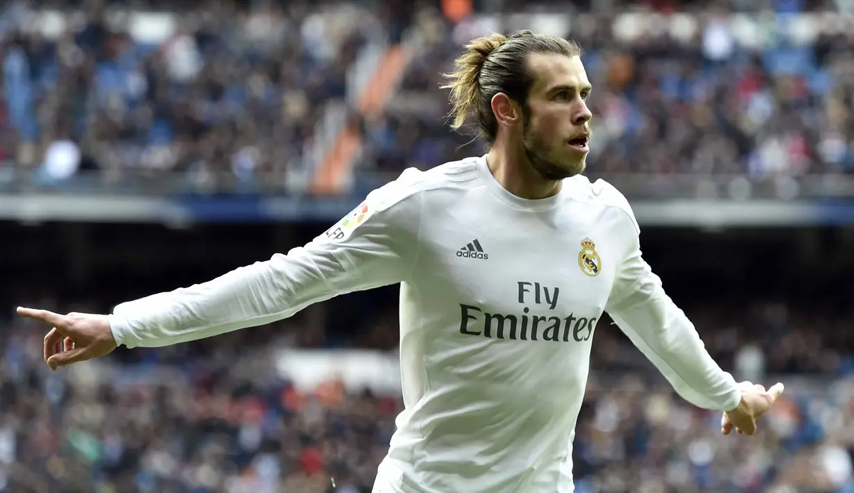 Pemain Real Madrid asal Wales, Gareth Bale menjadi pencetak gol terbanyak Britania Raya yang berkiprah di La Liga Spanyol yaitu 43 gol. (AFP/Gerard Julien)