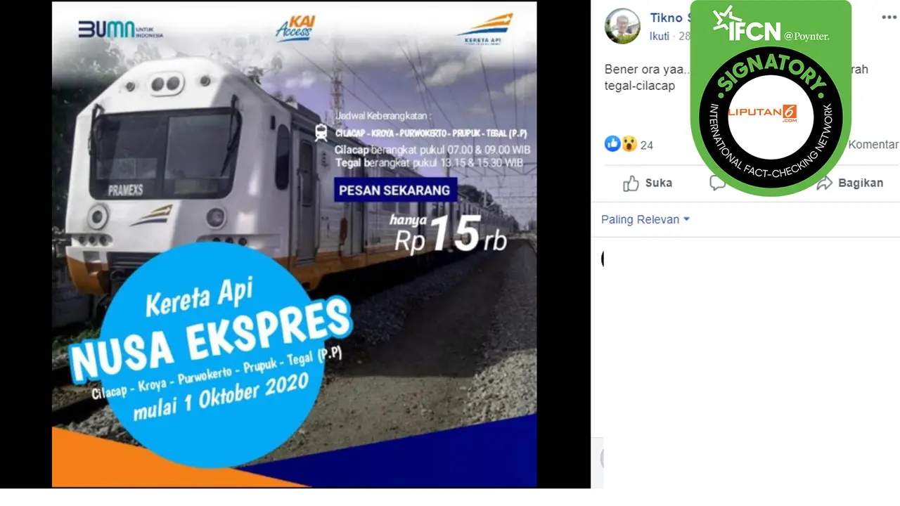 Hoaks kereta api Nusa Ekspres Rute Cilacap-Tegal