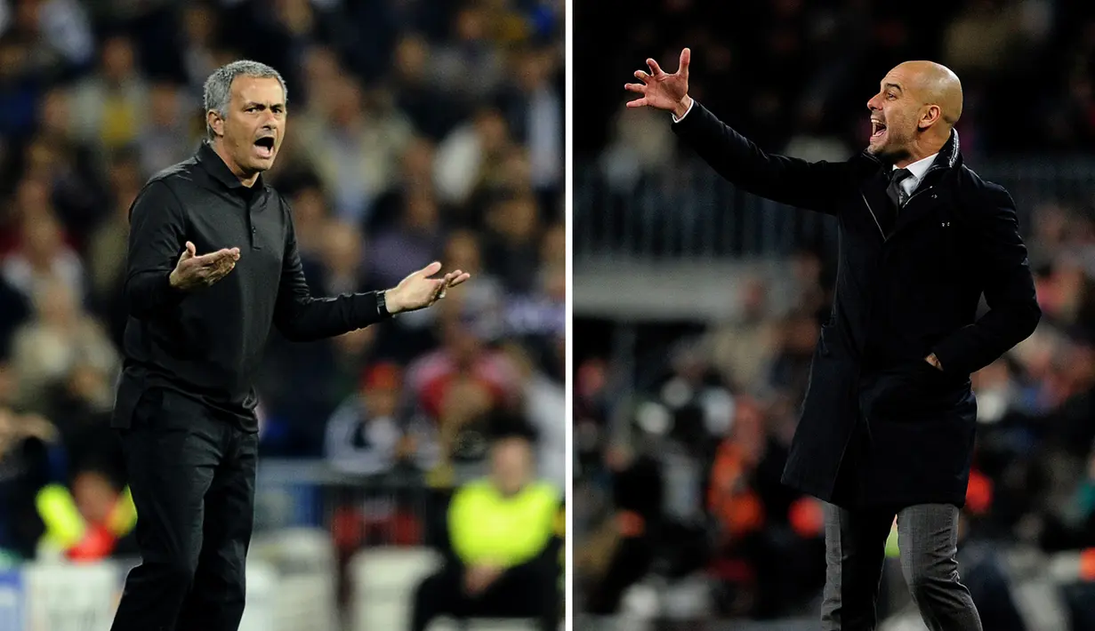 Jose Mourinho dan Josep Guardiola saat mengatur para pemainnya. Kedua sosok pelatih yang terus menjadi bahan pembicaraan publik bola dunia ini pernah terlibat perseteruan di La Liga Spanyol. (AFP PHOTO/PIERRE-PHILIPPE)