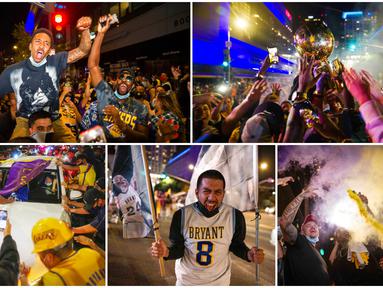 Para fans LA Lakers larut dalam suka cita saat merayakan gelar juara NBA 2020. Mereka tumpah ruah di jalanan Los Angeles, Amerika Serikat.
