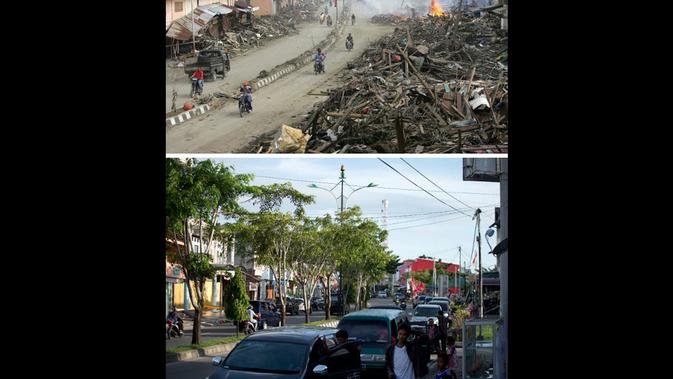 File foto (atas) diambil pada 9 Januari 2005 jalan dibersihkan dari tumpukan puing-puing di kedua sisi, di Meulaboh, Aceh. Foto di lokasi yang sama diambil pada 29 November 2014. (AFP PHOTO/PHILIPPE DESMAZES-atas, AFP PHOTO/Bay Ismoyo-bawah)