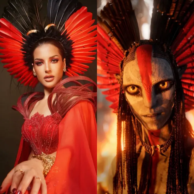 Tasya Farasya Dibalut Gaun Merah dan Headpiece Berbulu Layaknya Varang saat Premier Avatar. [@tasyafarasya]