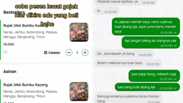 Seorang anak beli rujak dagangan sang ibu.