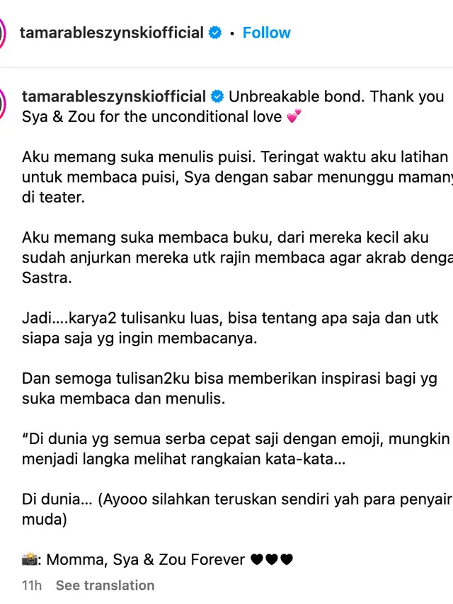 Unggahan Tamara Bleszynski. (Foto: Dok. Instagram @tamarableszynskiofficial)