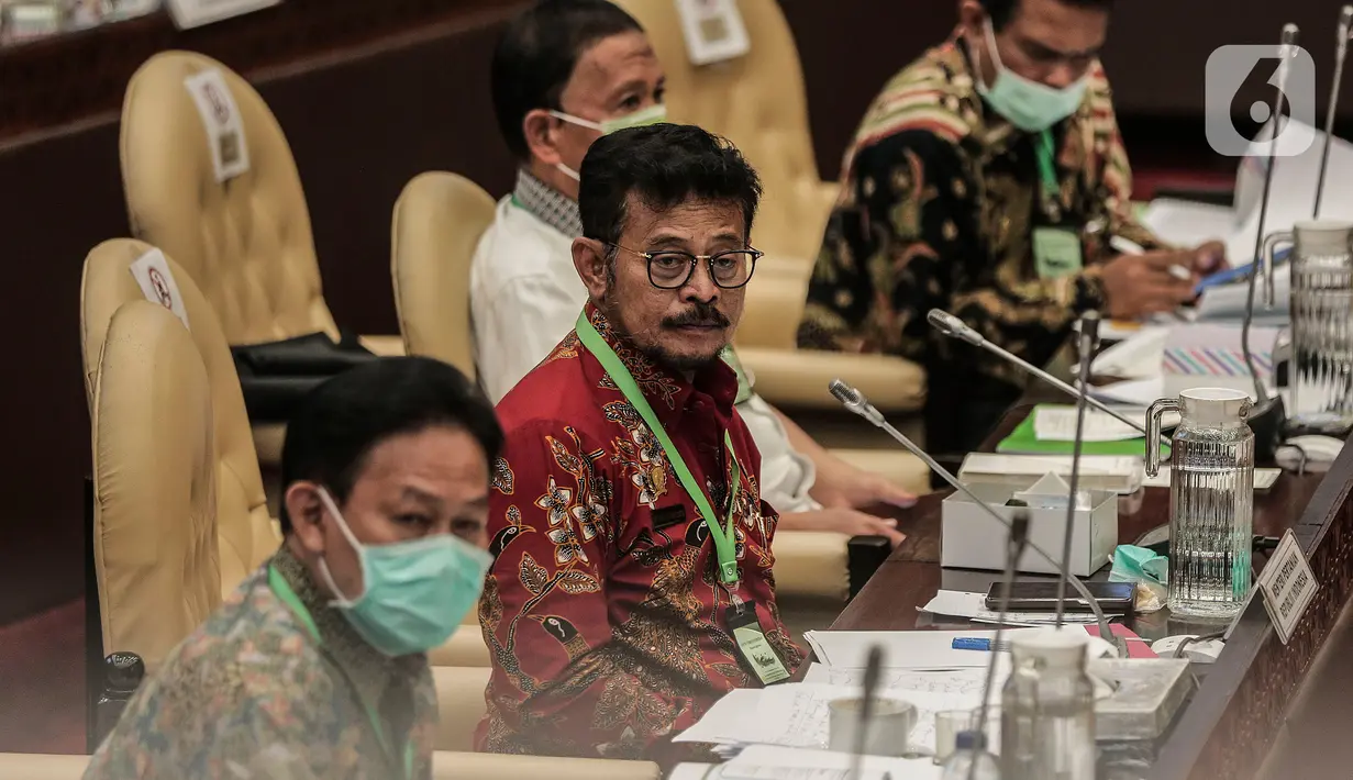 Mentan Syahrul Yasin Limpo mengenakan kalung bertuliskan anti virus corona saat raker dengan Komisi IV DPR di Kompleks Parlemen, Senayan, Jakarta, Selasa (7/7/2020). Rapat membahas program strategis kementerian dalam rangka percepatan pemulihan ekonomi dampak COVID-19. (Liputan6.com/Johan Tallo)