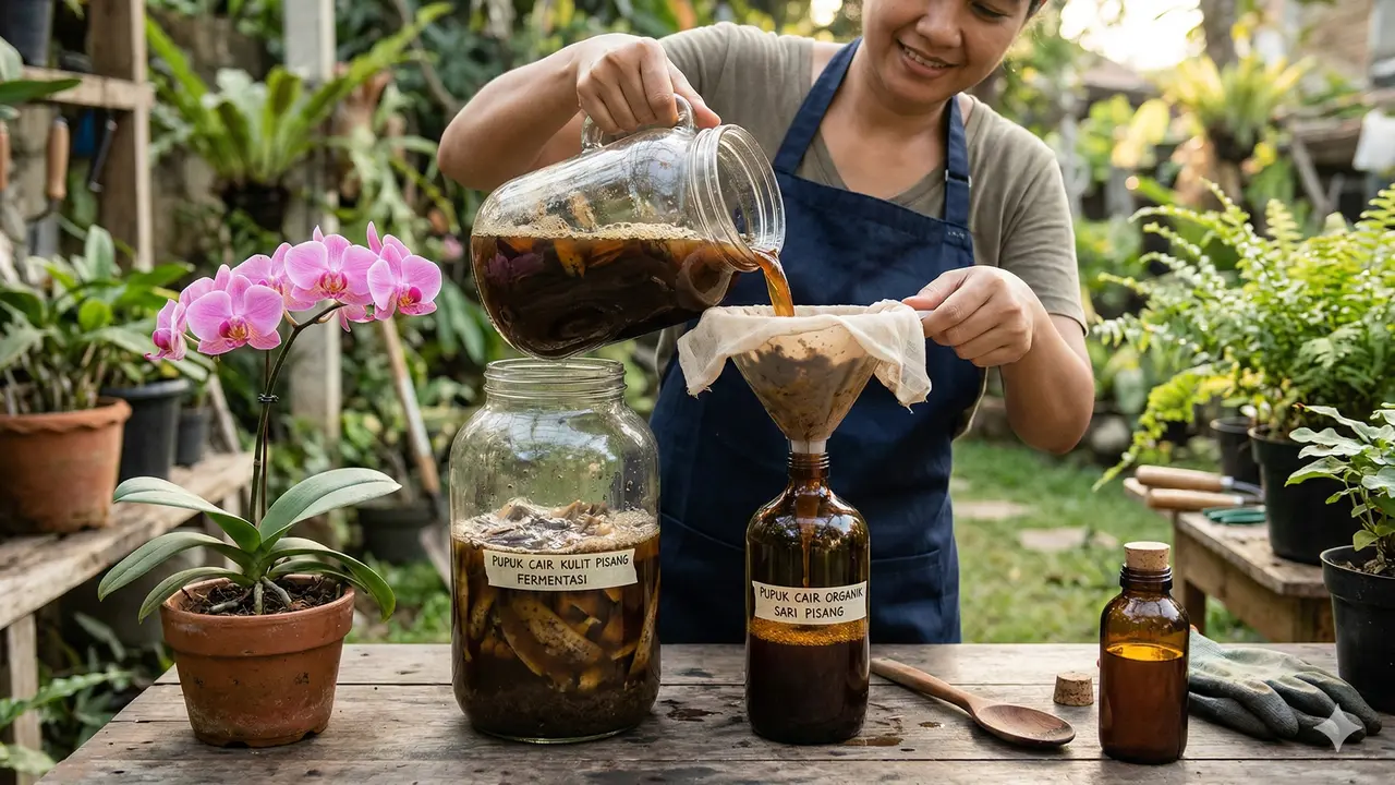 Cara Mengolah Kulit Pisang Fermentasi untuk Pupuk Bunga (Foto: Gemini AI)