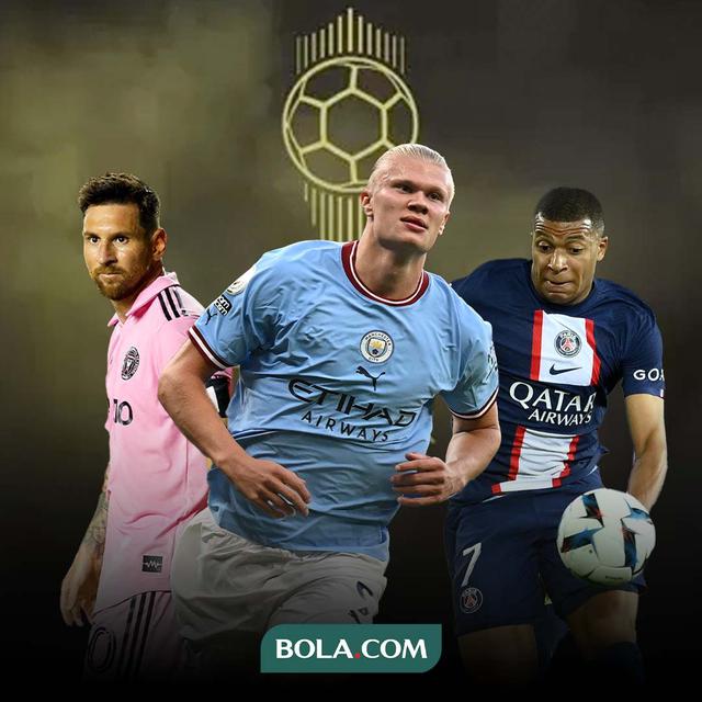 Ilustrasi - Kylian Mbappe, Erling Haaland, Lionel Messi Ballon d'Or