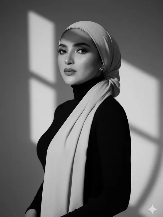 Gaya hijab Ashanty kali ini dibuat dengan menutupi rambut kemudian di-twist dua kali. Sisa pashmina digerai ke arah depan [@ashanty_ash]