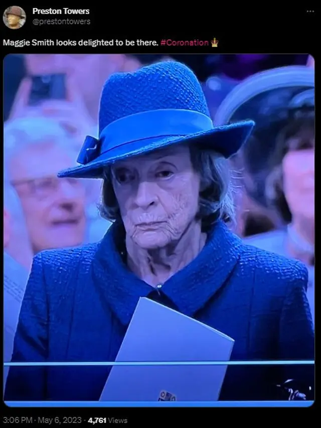 Tangkapan layar unggahan warganet mengenai kehadiran Maggie Smith di penobatan Raja Charles III. (Twitter/ prestontowers)