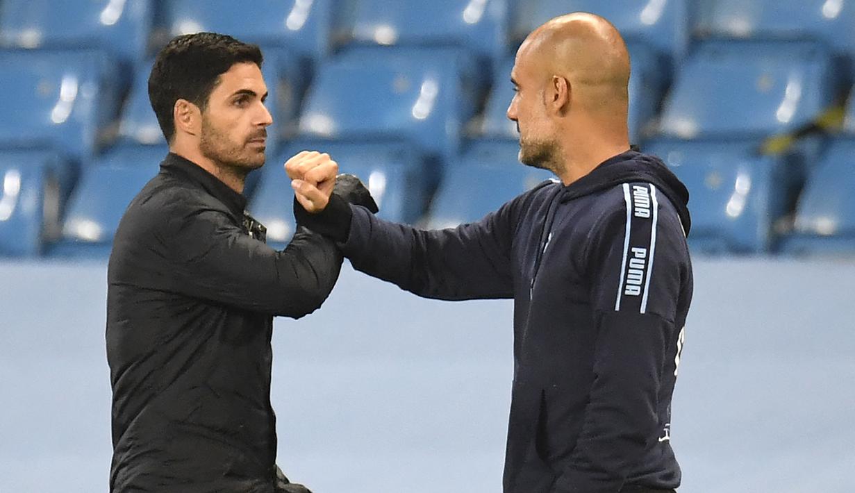Laga Manchester City melawan Arsenal pada pekan ke-3 Liga Inggris 2021/2022 nanti akan menjadi pertemuan ke-6 Pep Guardiola dengan Mikel Arteta. (Foto: AFP/Pool/Peter Powell)