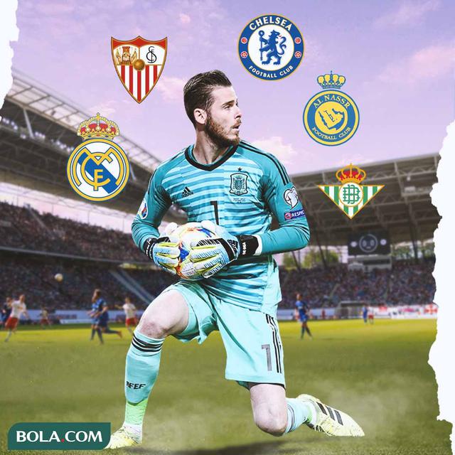 Ilustrasi - David De Gea dikelilingi logo Real Madrid, Sevilla, Chelsea, Al Nassr, Real Betis