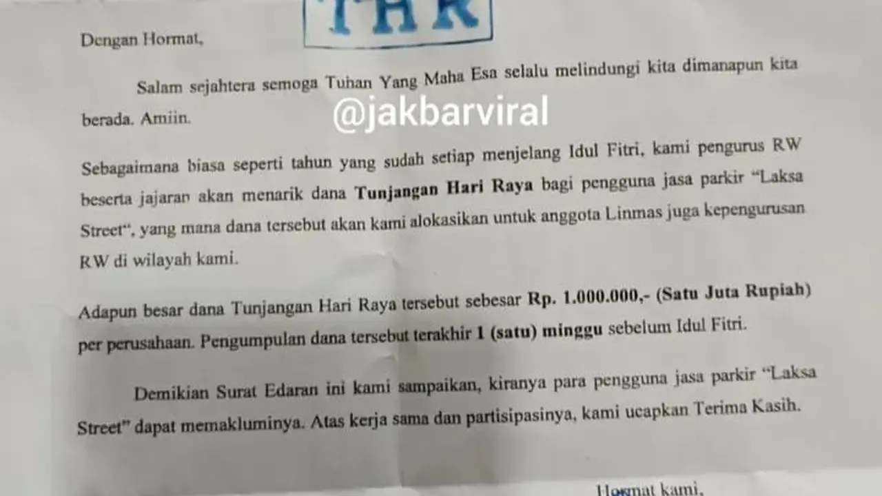 Surat permintaan tunjangan hari raya (THR) dari pengurus RW di Tambora, Jakarta Barat, sebesar Rp1 juta kepada seorang pengusaha. (Instagram)
