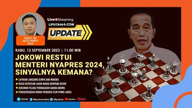 Presiden Joko Widodo atau Jokowi memberi lampu hijau kepada para menterinya untuk maju dalam gelaran Pemilihan Presiden (Pilpres) 2024. Jokowi menyebut, menteri yang ingin maju capres maupun cawapres tidak perlu mundur dari jabatannya selama dibolehk...