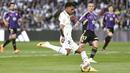 Real Madrid membuka keunggulan pada menit ke-22 lewat kaki Rodrygo yang menerima umpan dari Asensio. (AP Photo/Pablo Garcia)