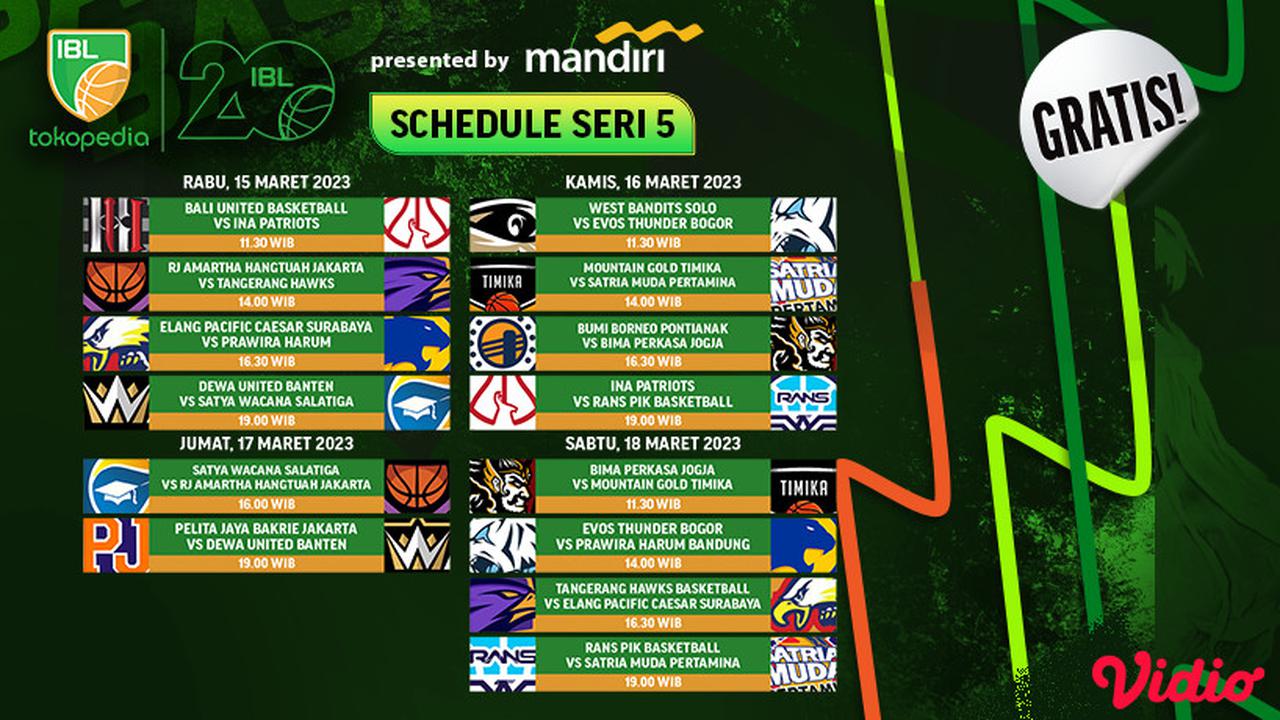 Jadwal Lengkap IBL 2023 Seri 5 Siaran Vidio 15 sampai 18 Maret : Elang Pacific Caesar Surabaya vs Prawira Harum Bandung