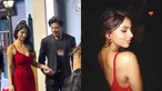 Gaun menyentuh lantai berwarna merah berkilauan ini dipadukan dengan aksesori minimalis, seperti anting dan cincin dari Goenka India. Warna merah, khususnya dalam tema "Tomato Girl Fall," mendominasi karpet merah dan tren fesyen. Suhana Khan tampil menawan bersanding dengan sang ayah. (Liputan6.com/IG/@varinderchhawla dan @suhanakhaan)
