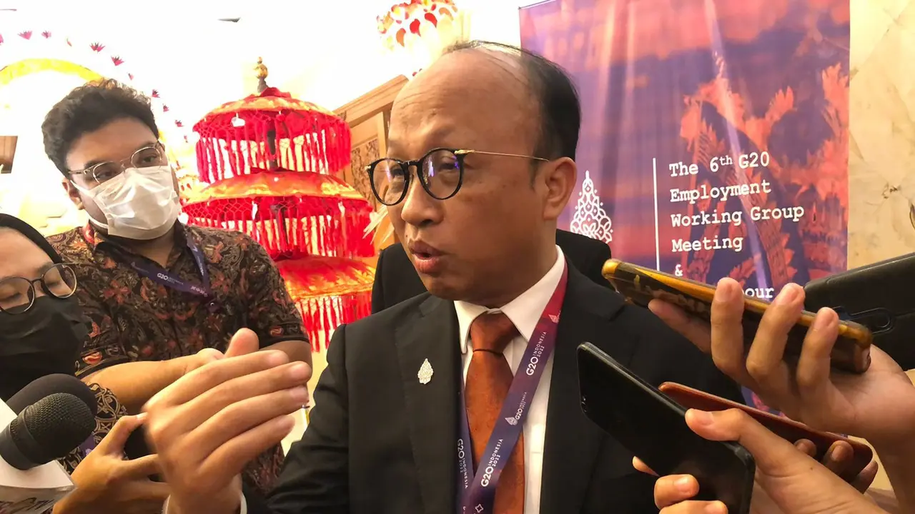 Sekretaris Jenderal Kementerian Ketenagakerjaan Anwar Sanusi dalam r pertemuan Menteri Ketenagakerjaan G20 di Bali, Selasa (13/9/2022).