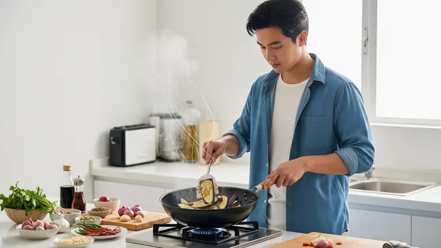 Membuat Terong Tumis Bawang Putih.