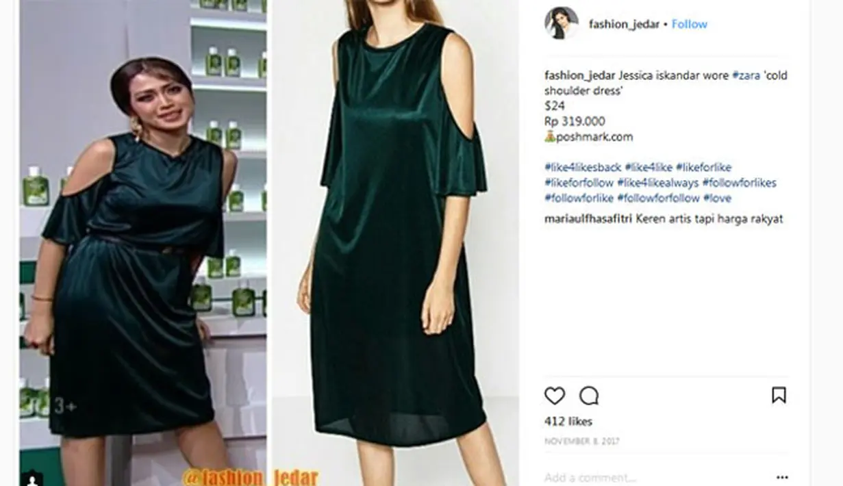 Selanjutnya, cold shoulder dress yang juga bermerk Zara ini punya harga yang masih normal untuk kalangan Jessica Iskandar, yakni hanya Rp. 319.000. (Instagram/fashion_jedar)